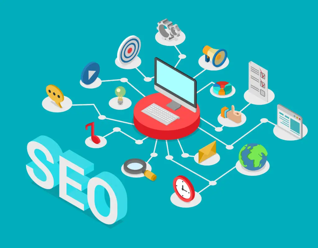 Flat style 3d isometry isometric SEO search engine optimization creative web technology concept. Computer on pedestal connected to SEO related icons: message music social media post promotion target.